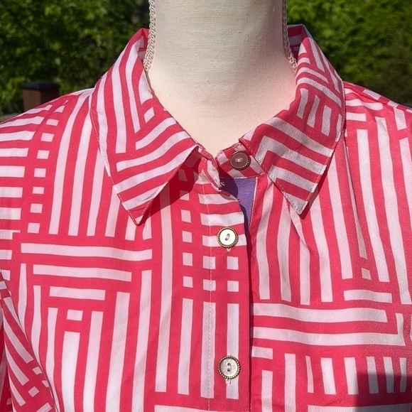 Bob Mackie Pink White Geo Print Button Up Shirt size 1X or XL blouse top NWOT - Picture 9 of 11
